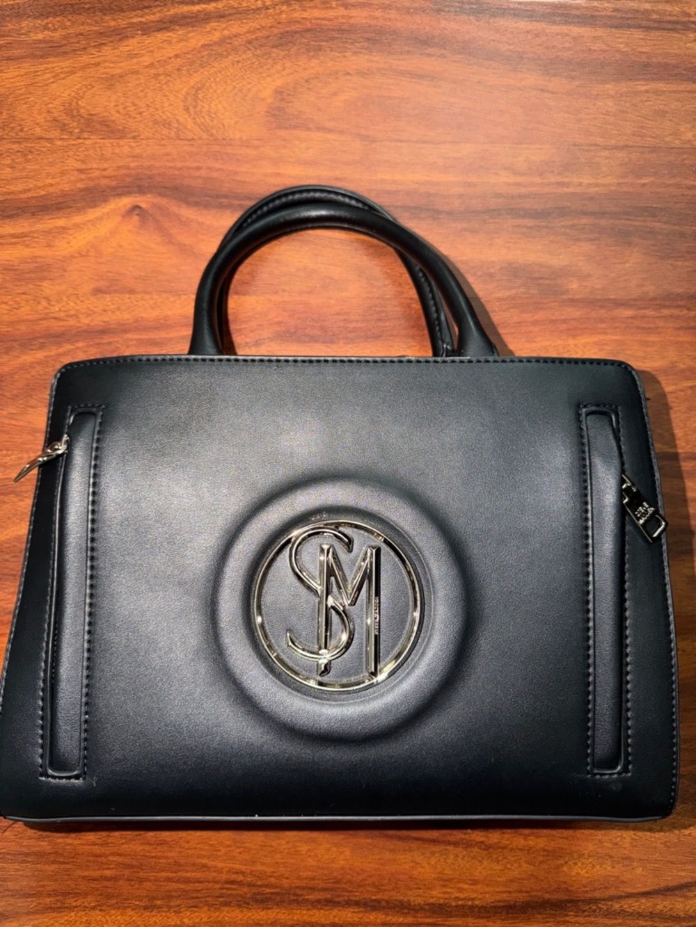 Steve Madden Black Satchel with Silver Monogram Accent